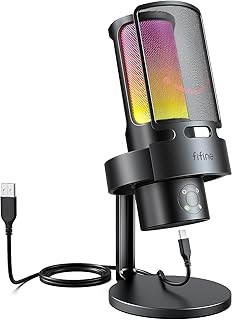 Fifine USB PC Gaming Microphone, Computer RGB Condenser Mic with 4 Pick-up Patterns for Streaming/Podcasting/Recording, Desktop Mic with Mute Button, Headphones Jack for PS5/Mac-AmpliGame A8 Plus