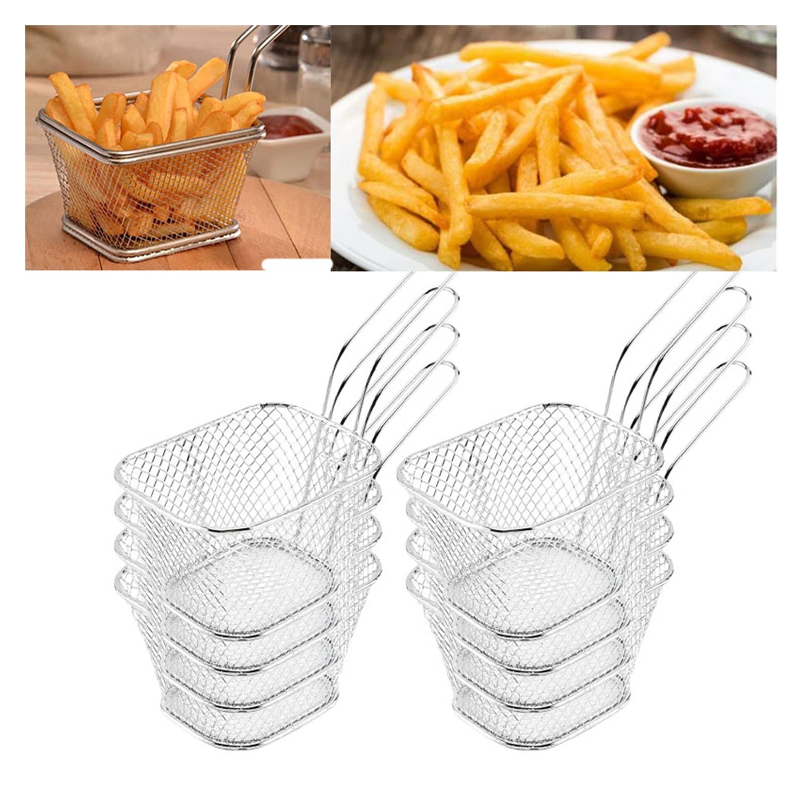 Set di 8 cestelli per friggere in Acciaio Inox - Scolapasta per Pollo Fritto, Patatine Fritte, Patatine in Busta e Altro Ancora - Utensili e Accessori da Cucina per Snack croccanti Perfetti
