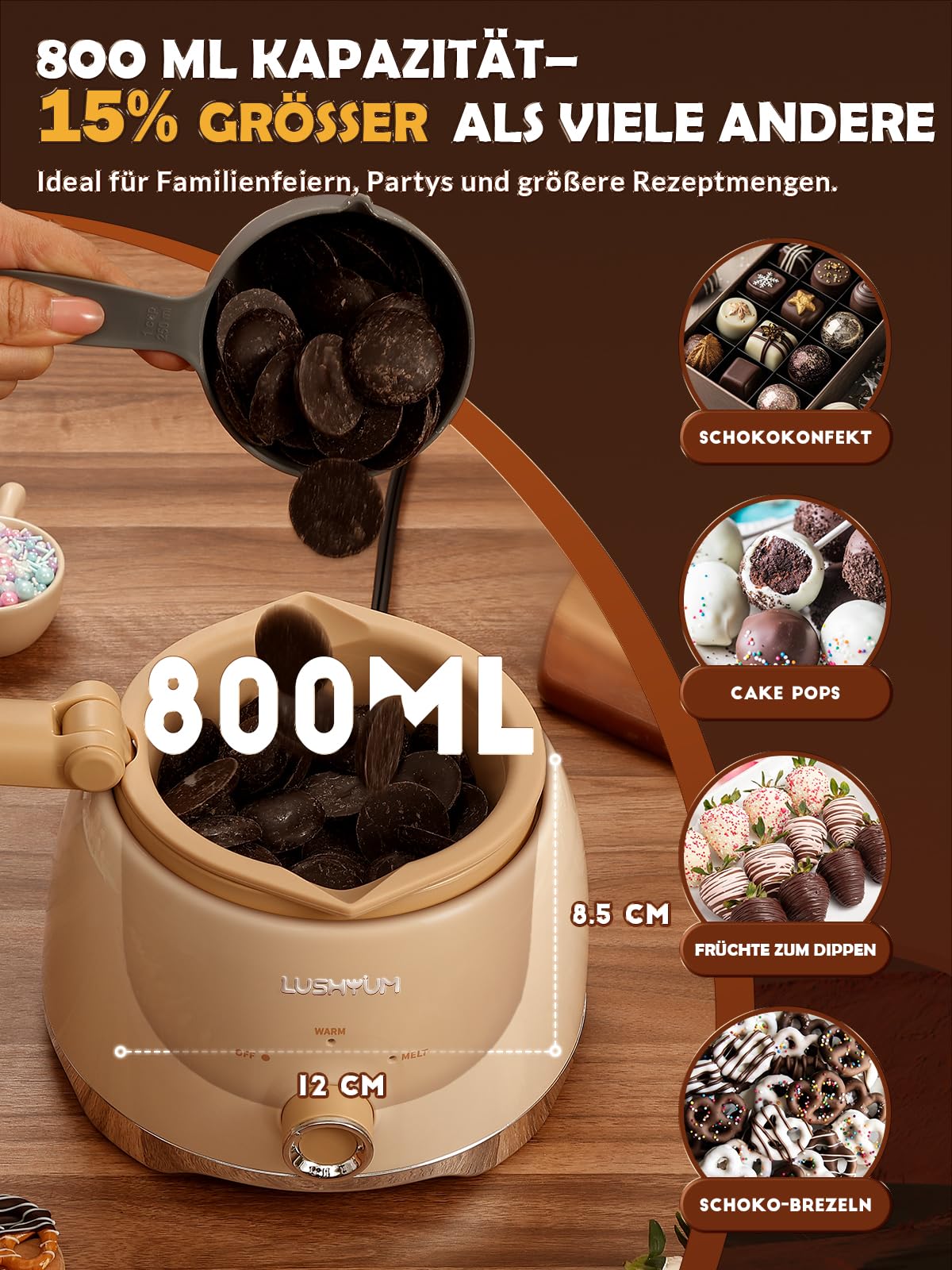 LUSHYUM Schokoladenschmelztopf Candy Melts Schmelzgerät mit 2 Einsatztöpfen, 4 Tassen Kapazität Wärmer Maschine Schokoladentöpfe, ideales Dip-Werkzeug, Geschenk für die Herstellung von Cake-Pop-Set