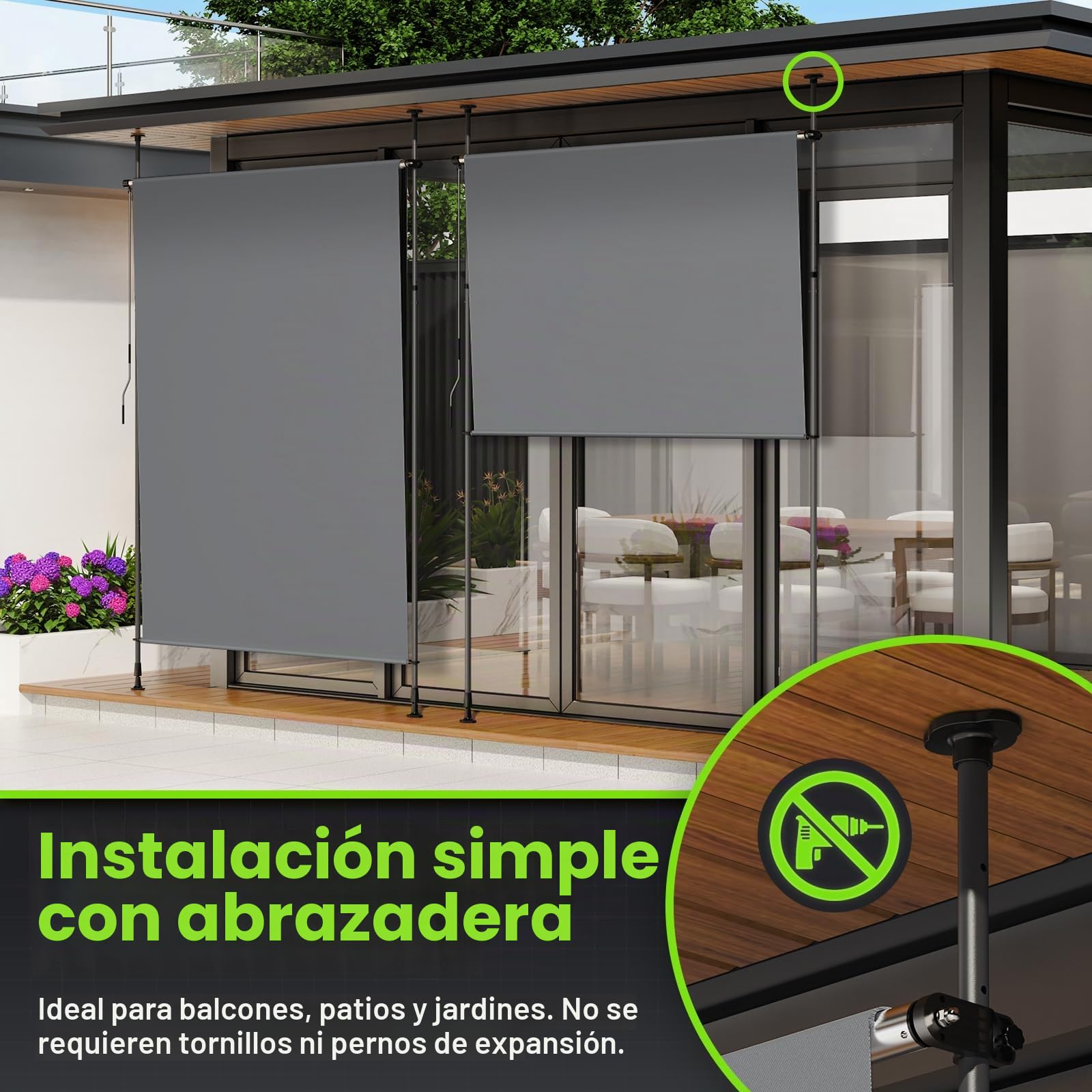 YEAUPE Pro - Toldo Vertical Exterior Solar 200 x 270 cm, Color Negro Gris, sin taladrar, Estor de Pinza con manivela, Adecuado para balcón, terraza, Exterior y jardín, Resistente a la Intemperie