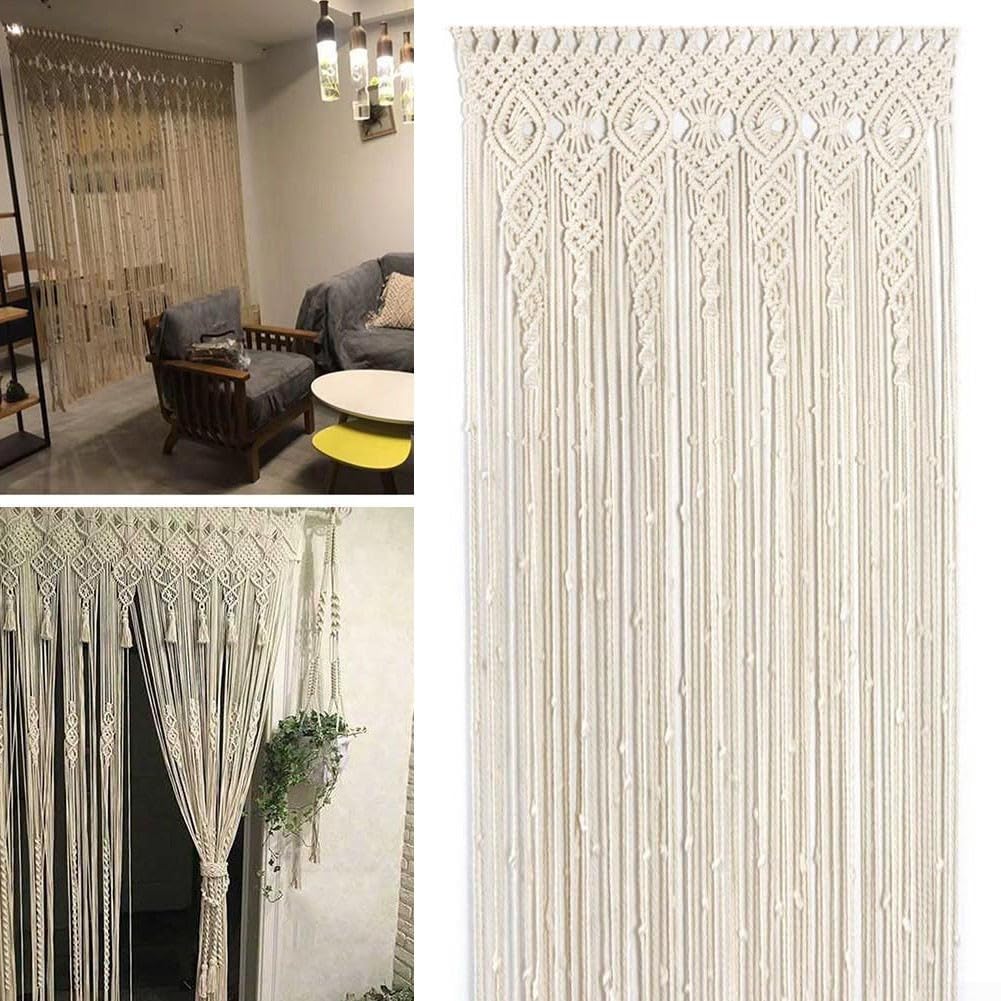 Tapiz de cortina de puerta tejido manual, divisor de ventana de encaje de algodón bohemio para fondo de boda, arco de fiesta y decoración del hogar, beige (95 x 200 cm)
