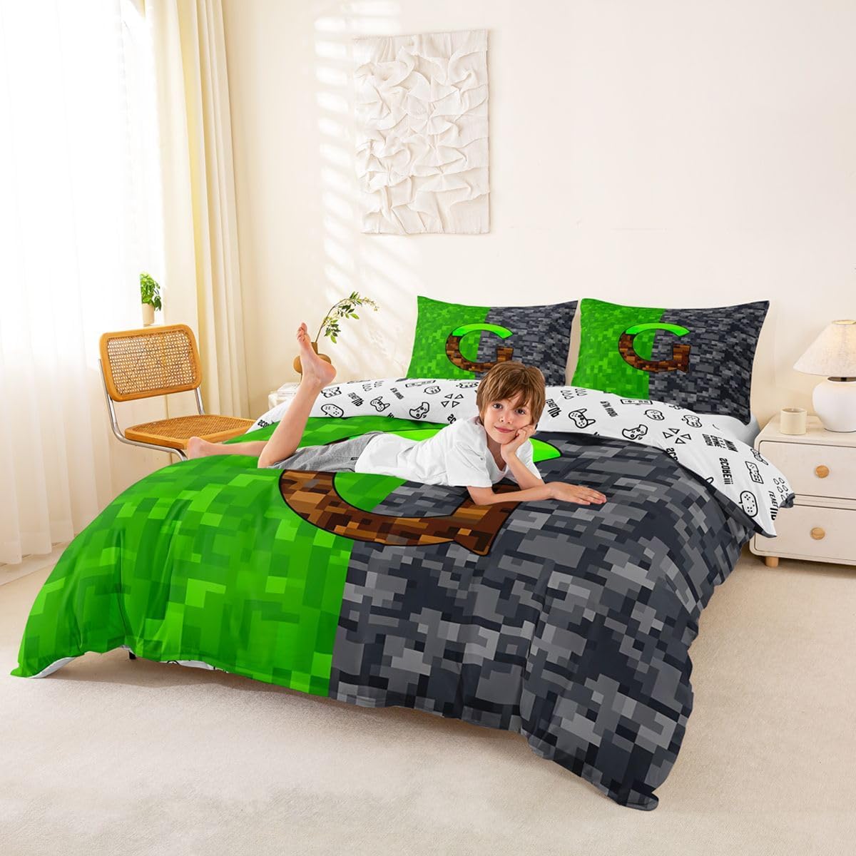 Pixel Grid Games Comforter Cover,Pixelated Gamepad Green Grey Brown Duvet Cover for Girls Boys Bedroom Gifts,Initial Letter G Bedding Set Decorative with 2 Pillowcases (No Comforter), Full image 4