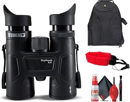 Steiner Skyhawk 4.0 10x32 Binoculars 23370900 Bundle with Padded Backpack, Floating Wrist Strap, and 6Ave Cleaning Kit