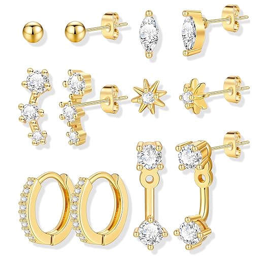 6 Pairs 14K Gold Plated Stud Earrings for Women, Hypoallergenic Cartilage Earrings for Multiple Piercing, Dainty Small Stackable Earrings Jewelry Set