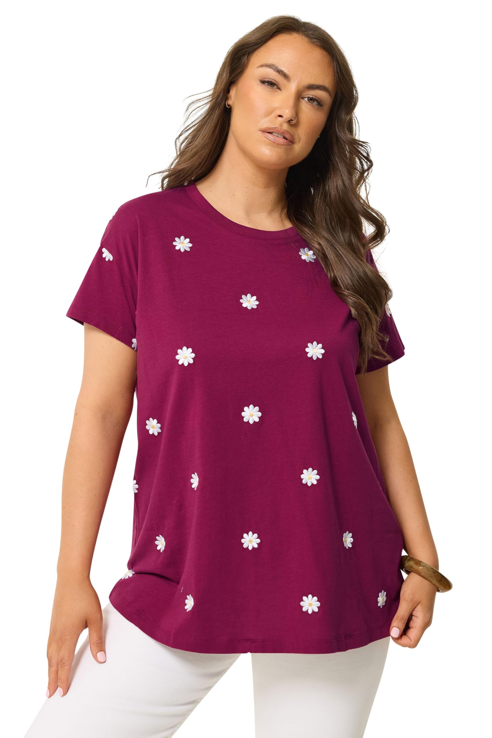 Yours Curve Pink Embroidered Daisy T-Shirt - Women's - Plus Size Curve