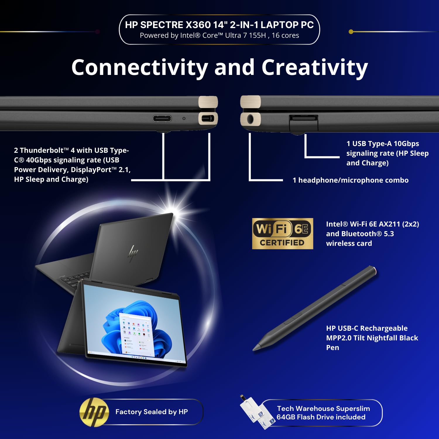 HP Spectre 2024 x360 Luxury 14T Intel Core Ultra 7 155H, Win 11 