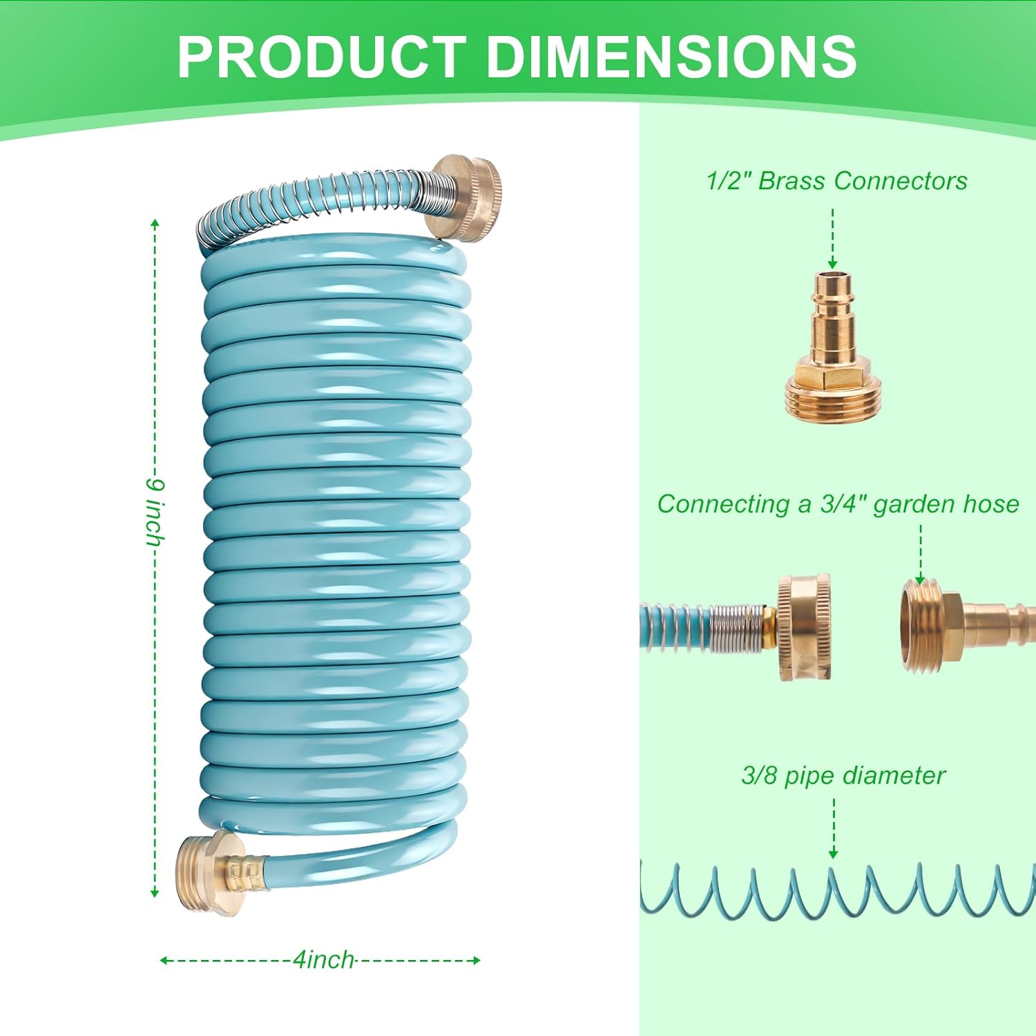 [Blue and green are shipped randomly.]RV External Shower, 3/8 in by 15-Foot Coil Hose with 1/2 Inch Quick Connect Adapter for RV Outdoor Shower, Boat Hose Coil, 3/4 Inch Fittings (With Sprayer)
