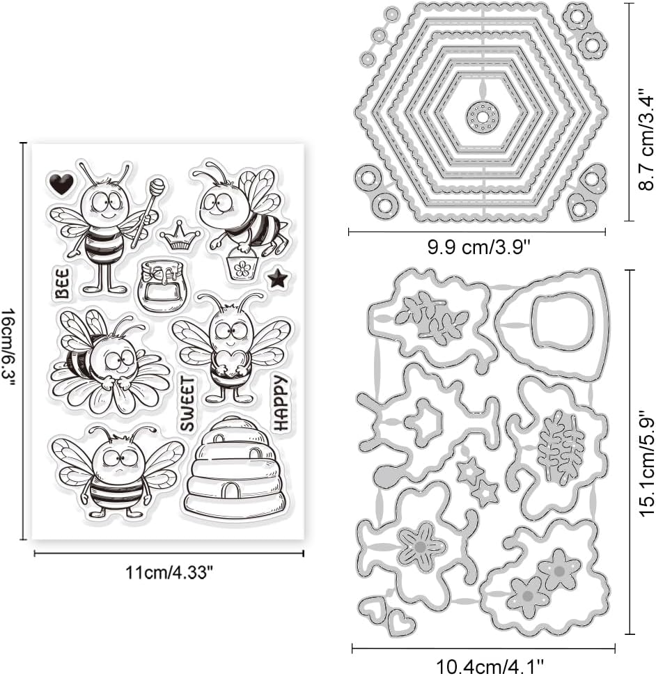 GLOBLELAND Funny Bees Clear Stamp and Cutting Dies Set for Card Making Hive Tags Silicone Clear Stamp Cartoon Bee Die Cuts for DIY Scrapbooking Photo Album Decorative image 2