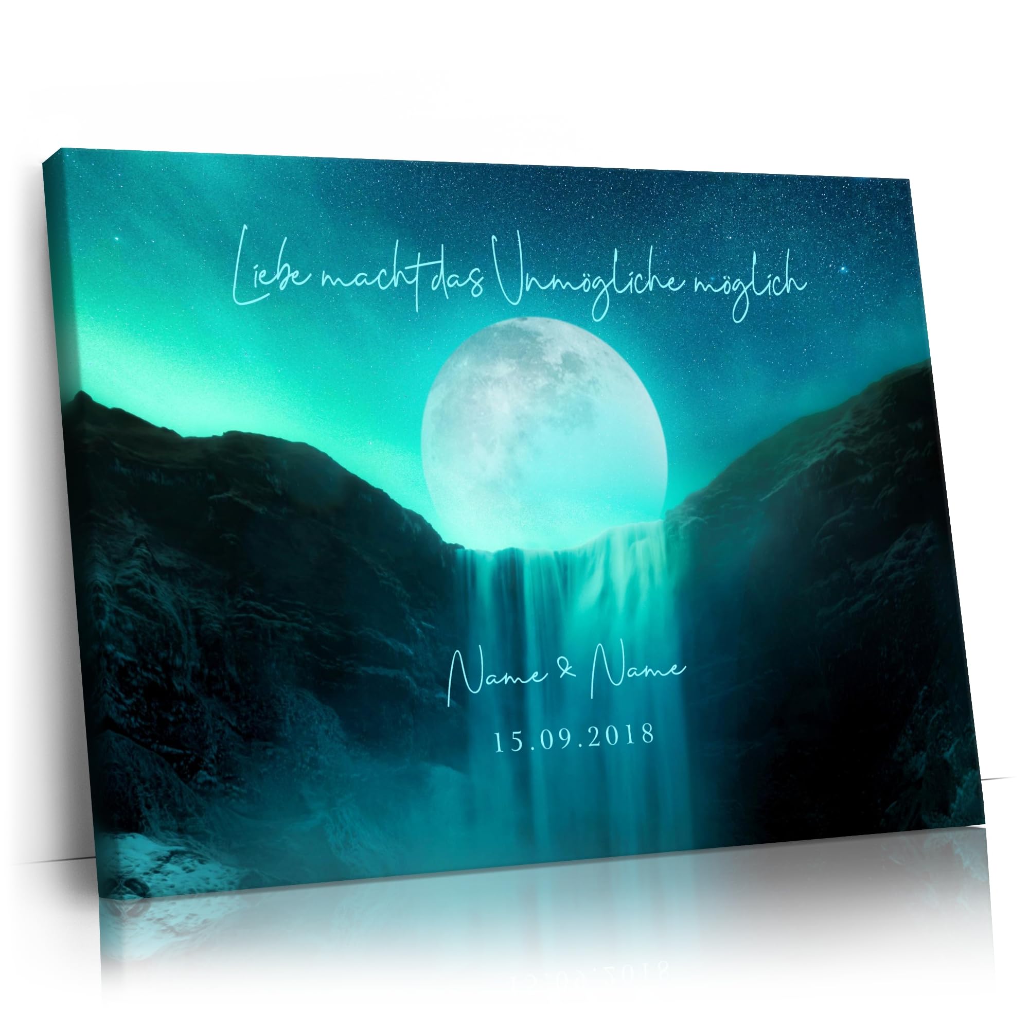 Liebesleinwand Leinwand personalisiert Mond der Liebe | Geschenk für sie oder ihn zum Jahrestag, Verlobung, Hochzeitstag | Leinwandbild gestalten mit Namen und Datum