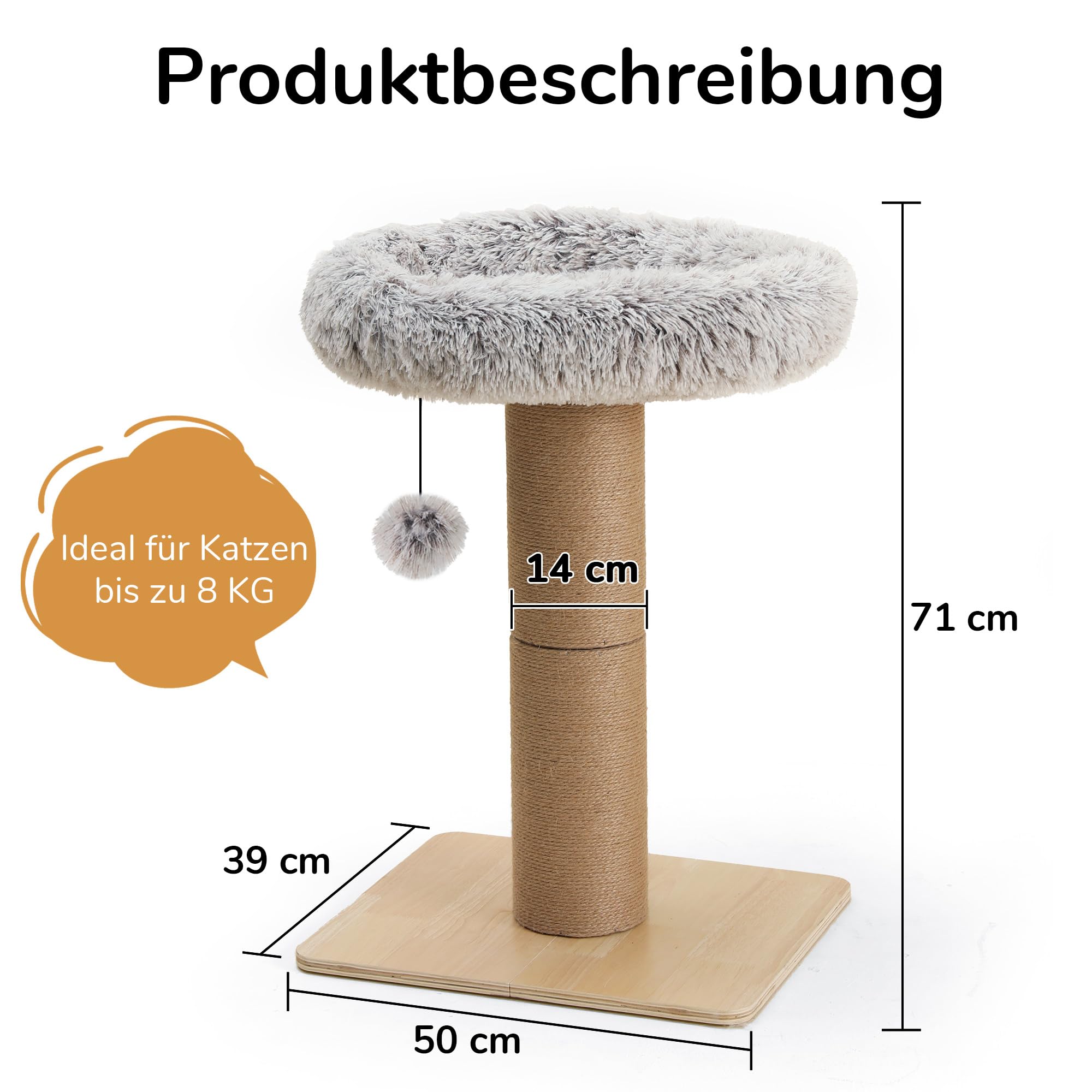 FUKUMARU Katzenkratzbaum, 71 cm hoher Kratzturm, Durchmesser von 14 cm Dicker Jutestamm（Große Kratzfläche）,53x53cm Plattform, für Katzen zum Kratzen und schlafen.