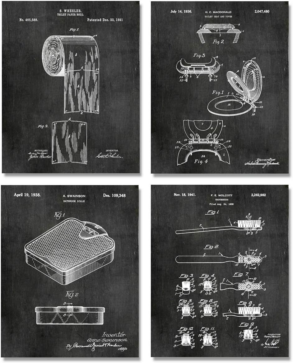 Bathroom Wall Art Set of 4 Prints - 8x10 Inches Unframed Toilet Paper Patent Pending Black White Aesthetic Bath Pictures for Restroom Half Bath Blueprint Decor