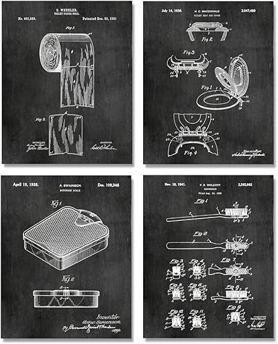Juego de 4 impresiones artísticas para pared de baño, 8 x 10 pulgadas, sin marco, patente pendiente, blanco y negro, imágenes estéticas para baño,