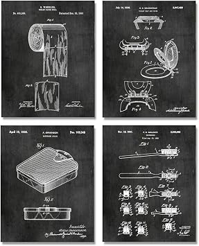 ArtCantHurtU Bathroom Decor Wall Art Set of 4 Prints 8x10 inches Unframed Toilet Paper Patent Pending Bathroom Decor Black White Aesthetic Bath Pictures Restroom Half Bathroom Decor Blueprint