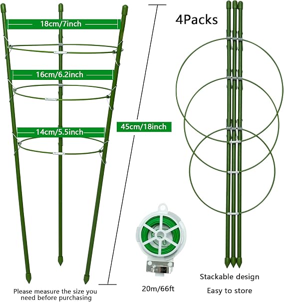 18 Small Plant Support Tomato Cages, 4 Pack Adjustable Garden Trellis for Indoor Outdoor Climbing Plants, Peony Flower Stakes with 66ft Garden Twist Ties, Green Metal Plant Cages for Pots & Garden