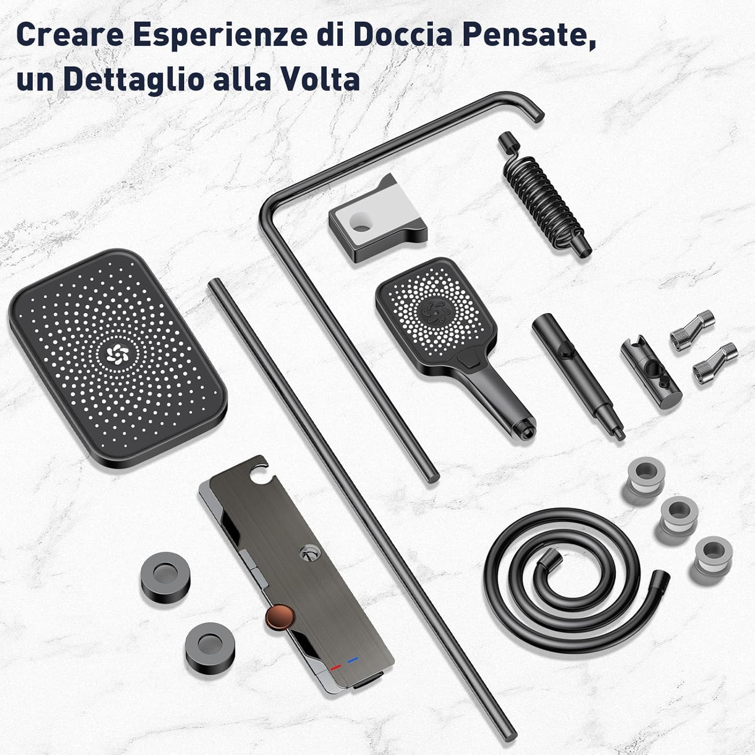 Colonna Doccia con Miscelatore, Set Doccia Soffione e Doccetta a Man, Pannello Comando Piano 4 Funzioni, Asta Saliscendi Altezza Regolabile, Corpo in Ottone Massiccio e Vetro Temperato-Grigio
