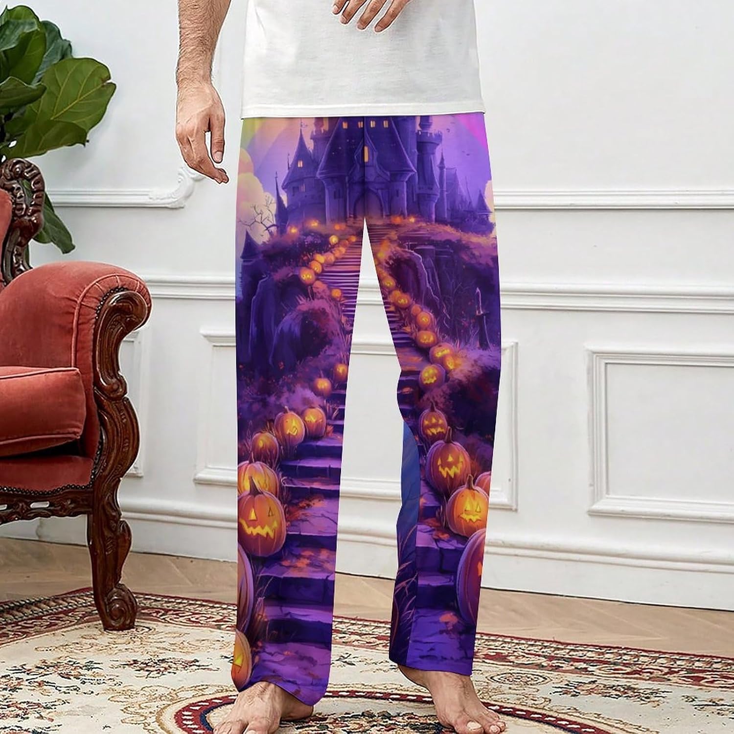 Halloween Pumpkins Haunted House Rainbows Pajama Pants Soft Sleep Lounge Pants Pj Bottoms for Men Women