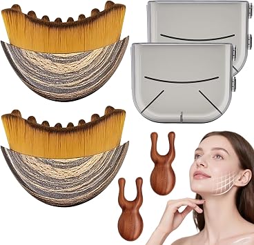 2 Pack Lymphatic Contour Face Brush Set with Wooden Face Sculpting Tool, Dry Brushing Facial Brush and Lymphatic Drainage Massager for Skin Tightening and Contouring