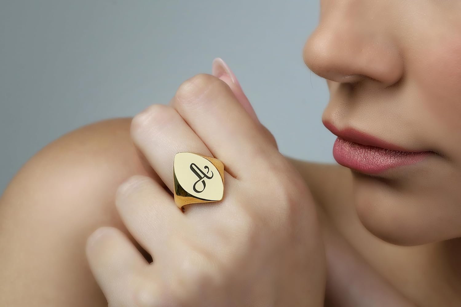 Engraved Vintage Letter Ring - Personalized 14k Gold Signet - Bold Marquise Shaped Statement Jewelry