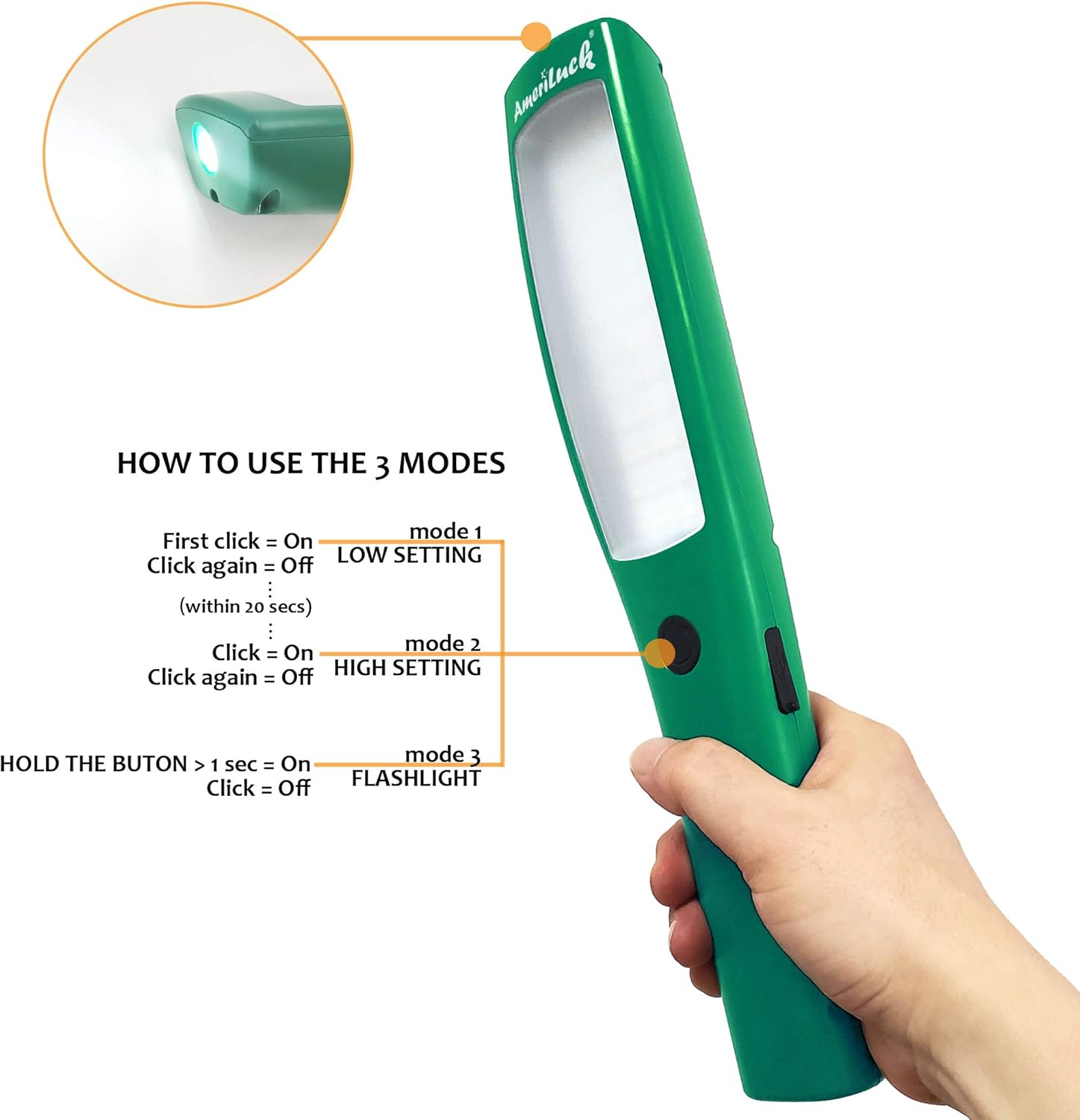 Cordless LED Work Light, Built-in Rechargeable 5000mAh Battery, Super Bright 1000 Lumens (10W), 13" Handheld Mechanic Lamp, Portable Shop Light, Low/High & Flashlight Modes