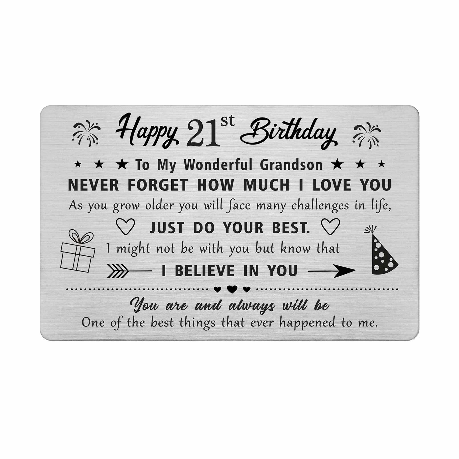 FALOGIJE Engraved Metal Wallet Card For Grandson's 21st Birthday - Stainless Steel Keepsake Gift From Grandparents
