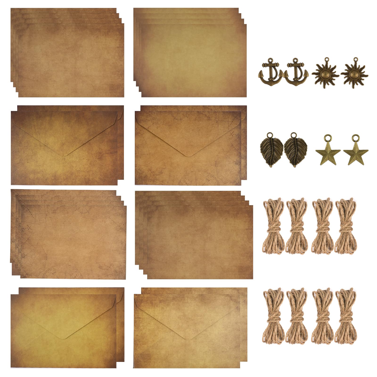 40 Pcs Letter Writing Paper and Envelopes Set, Vintage Letter Writing Set, 16 Sheets Retro Letter Papers with 8 Envelopes 8 Pendants & 8 Hemp Ropes for Love Letters, Weddings, Invitations,Presents