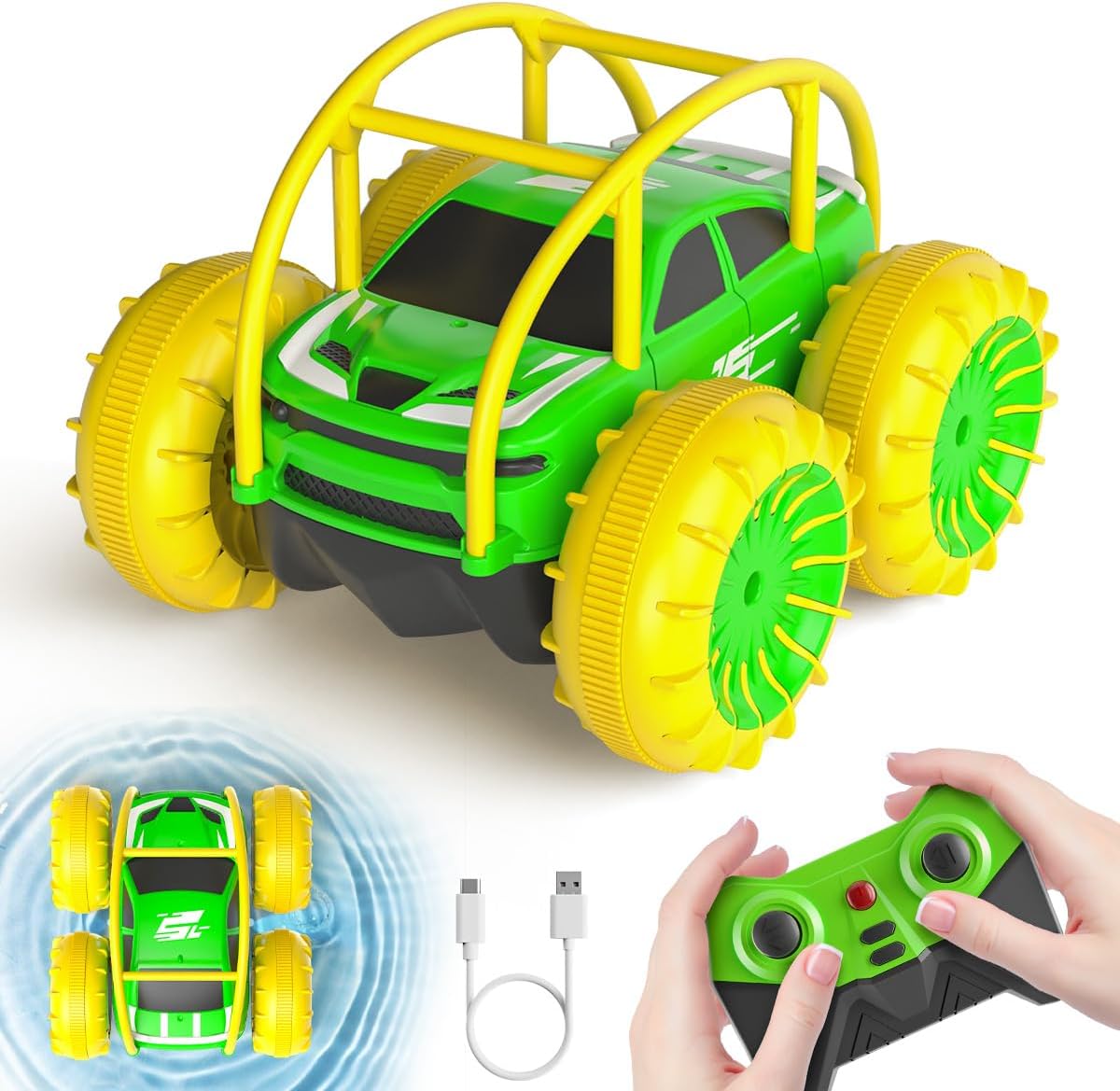 Remote Control Car, Fast Direct Charging RC Cars Amphibious 360° Rotating LED Rechargeable Stunt Car 2.4Ghz 4WD All Terrain RC Race Cars Toy Christmas Birthday Gift for Kids Boys Girls Aged 3-12 years