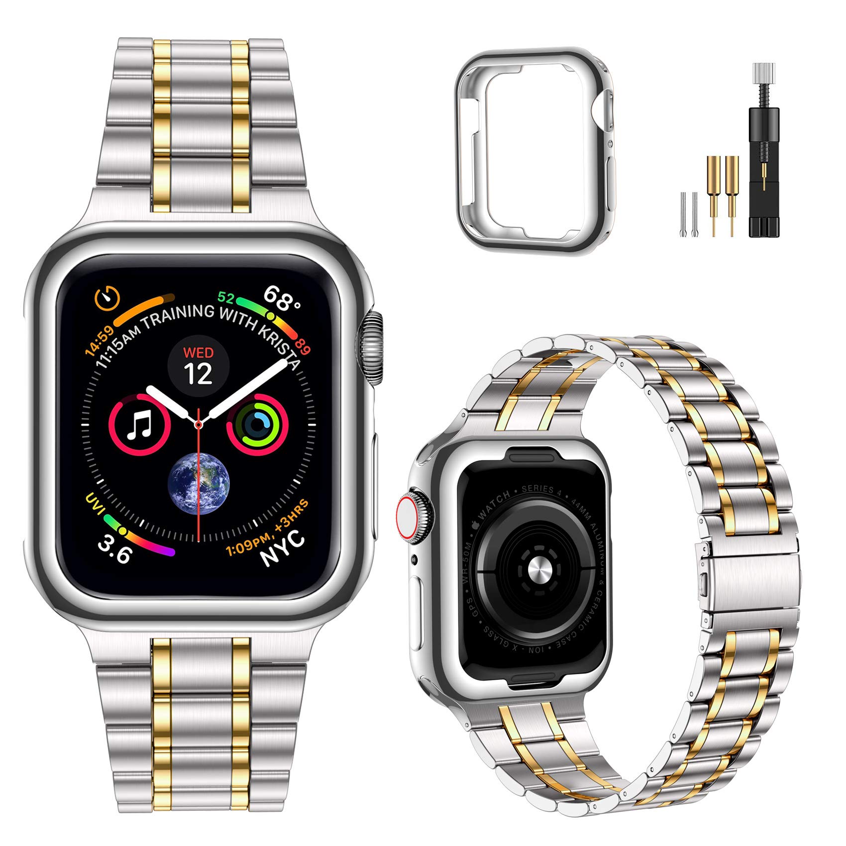 MioHHR Solid Stainless Steel Band Compatible with Apple Watch 45mm, Metal Strap for iWatch Series 9 8 7 Women and Men, Sliver/Gold