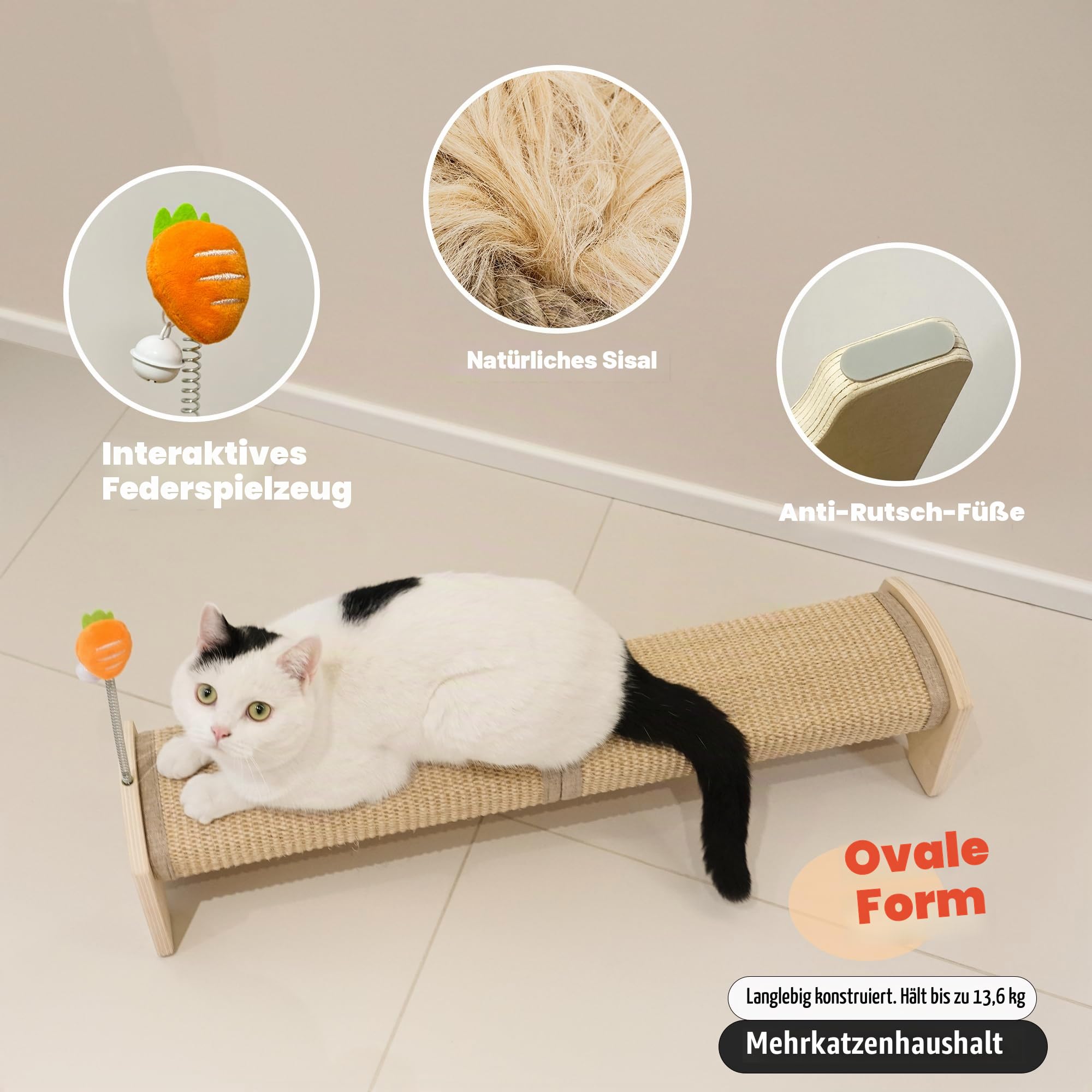 PETKARAY Horizontaler Kratzbaum, Kratzbaum für Katzen, Katzenbaum, 76,2 cm Sisal-Katzenkratzbaum, großer Katzenkratzbaum mit Federspielzeug, schützt Möbel für Indoor-Kätzchen