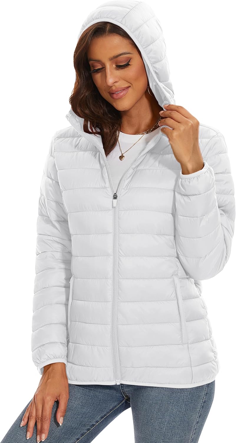 MAGCOMSEN Women's Hooded Puffer Jacket Lightweight Quilted Padded Coat 4 Pockets Zip-up Winter Warm Outerwear