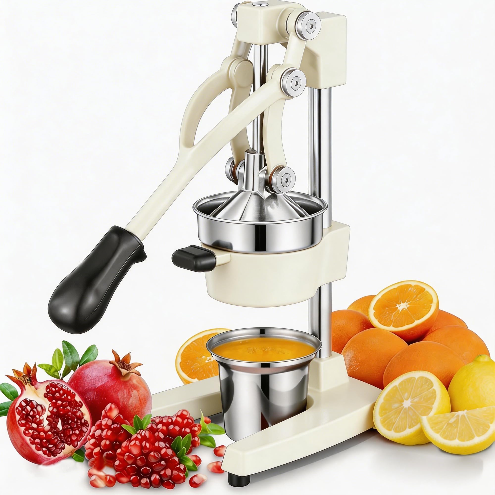 Commercial Heavy Duty Cast Iron Hand Press Manual Orange Citrus Lemon Lime Grapefruit Pomegranate Fruit Juice Squeezer Machine with Stainless Steel Cup White