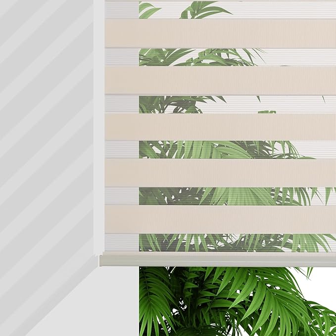 Joydeco Cordless Zebra Blinds for Windows, Dual Layer Light Control Window Blinds with Light-Proof Aluminum Cover, Free-Stop Roller Shades for Home & Office (Custom Size,Beige)