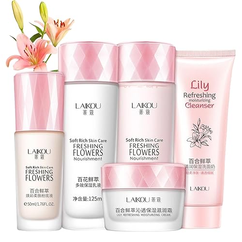 Miniatura 1 de Lily - Juego de cuidado de la piel 5 en 1 con base, lavado facial, tóner, loción hidratante y crema facial, set de regalo hidratante para el cuidado