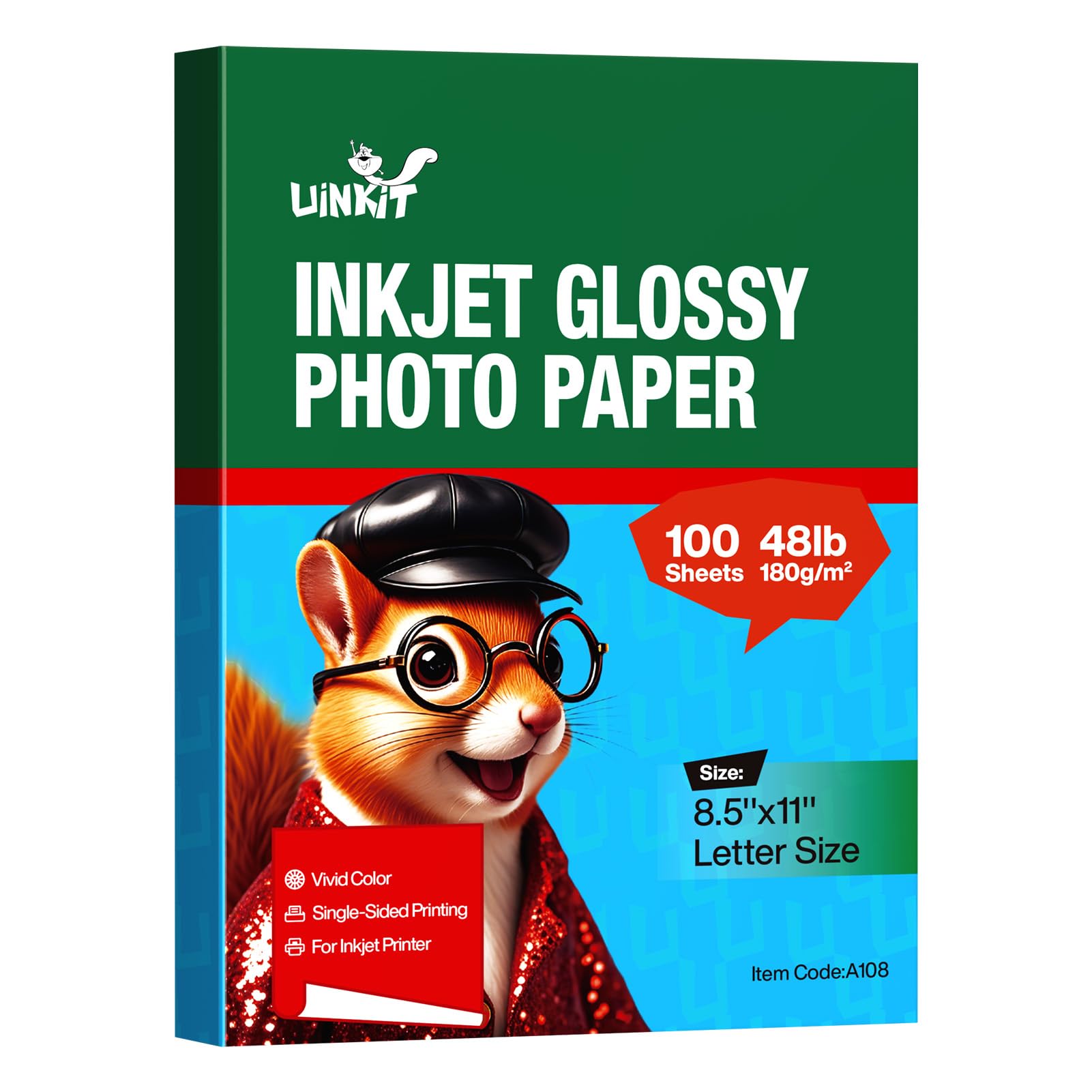Uinkit 100 Sheets Inkjet Photo Paper Glossy 8.5x11 48lb 180Gsm Professional Photographic Paper Letter Size 8.5Mil Instant Dry Suitable for All Ink Printers