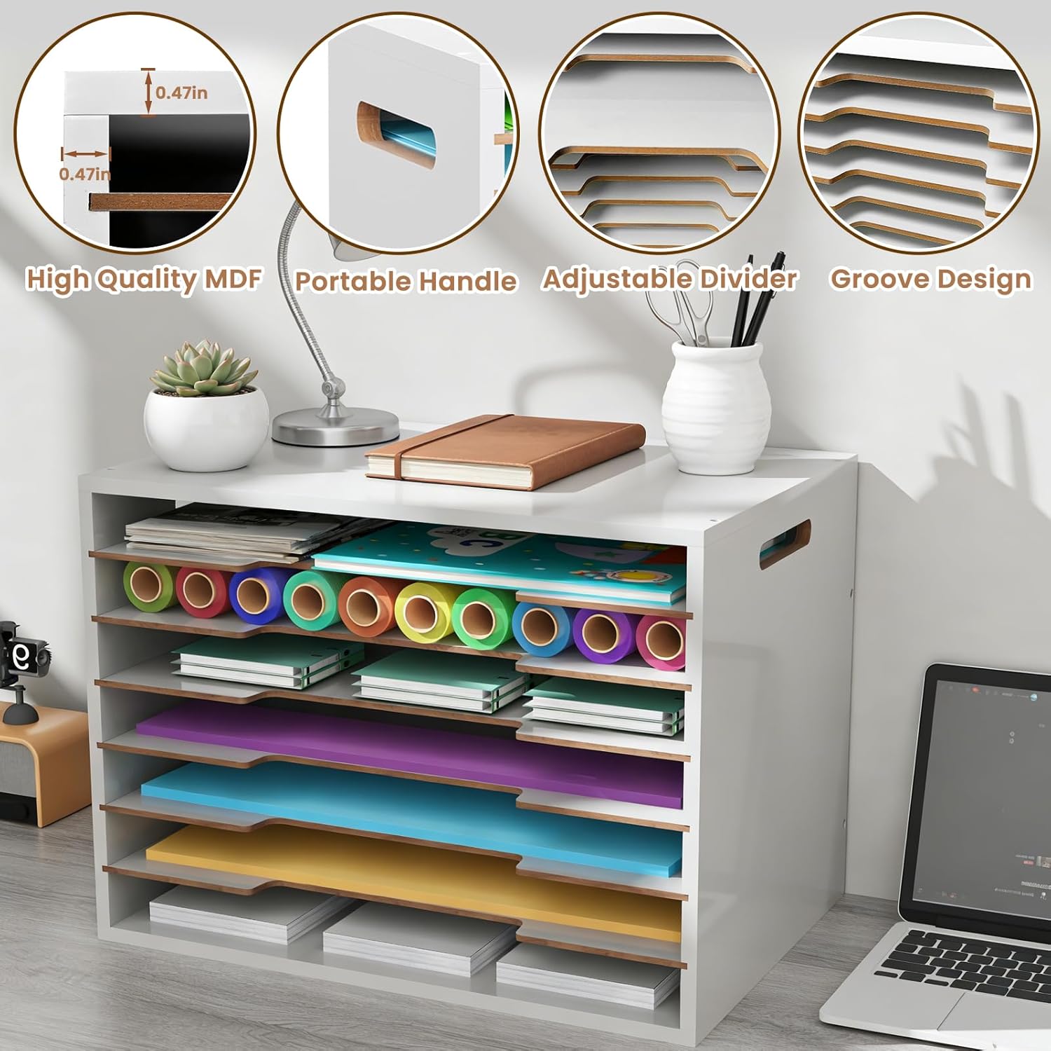 12x18 Construction Paper Organizer Wood, 7 Tier Desk File Organizer with Handle, Stackable Paper Sorter Storage Holder with Adjustable Shelves for Craft Room Home Office Classroom, White