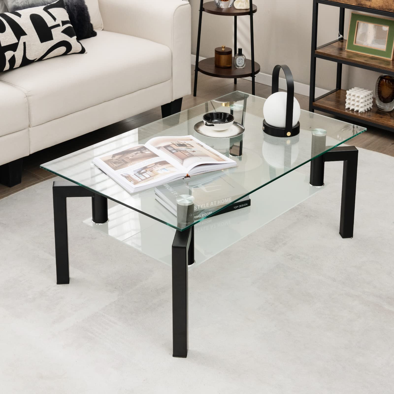 COSTWAY Tavolino da Salotto in Vetro Temperato Moderno, Tavolo Basso Rettangolare a 2 Livelli con Struttura in Metallo, Tavolino da Caffè per Soggiorno e Ufficio, 100 x 60 x 43 cm
