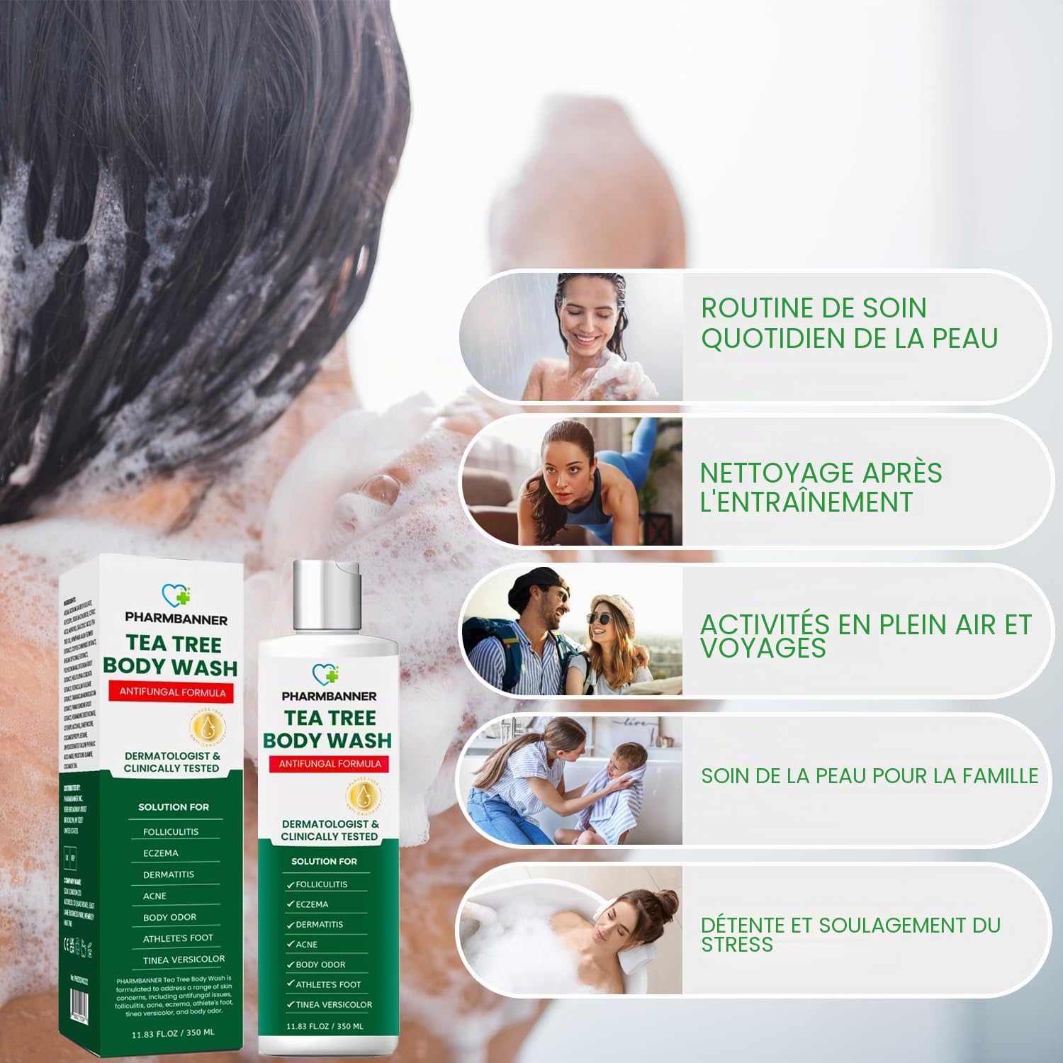 Tea Tree Gel douche antifongique : traitement de la folliculite pour la peau sujette à la dermatite, l'acné du visage et du corps, démangeaisons, pied d'athlète, teigne, tinea versicolor, odeur