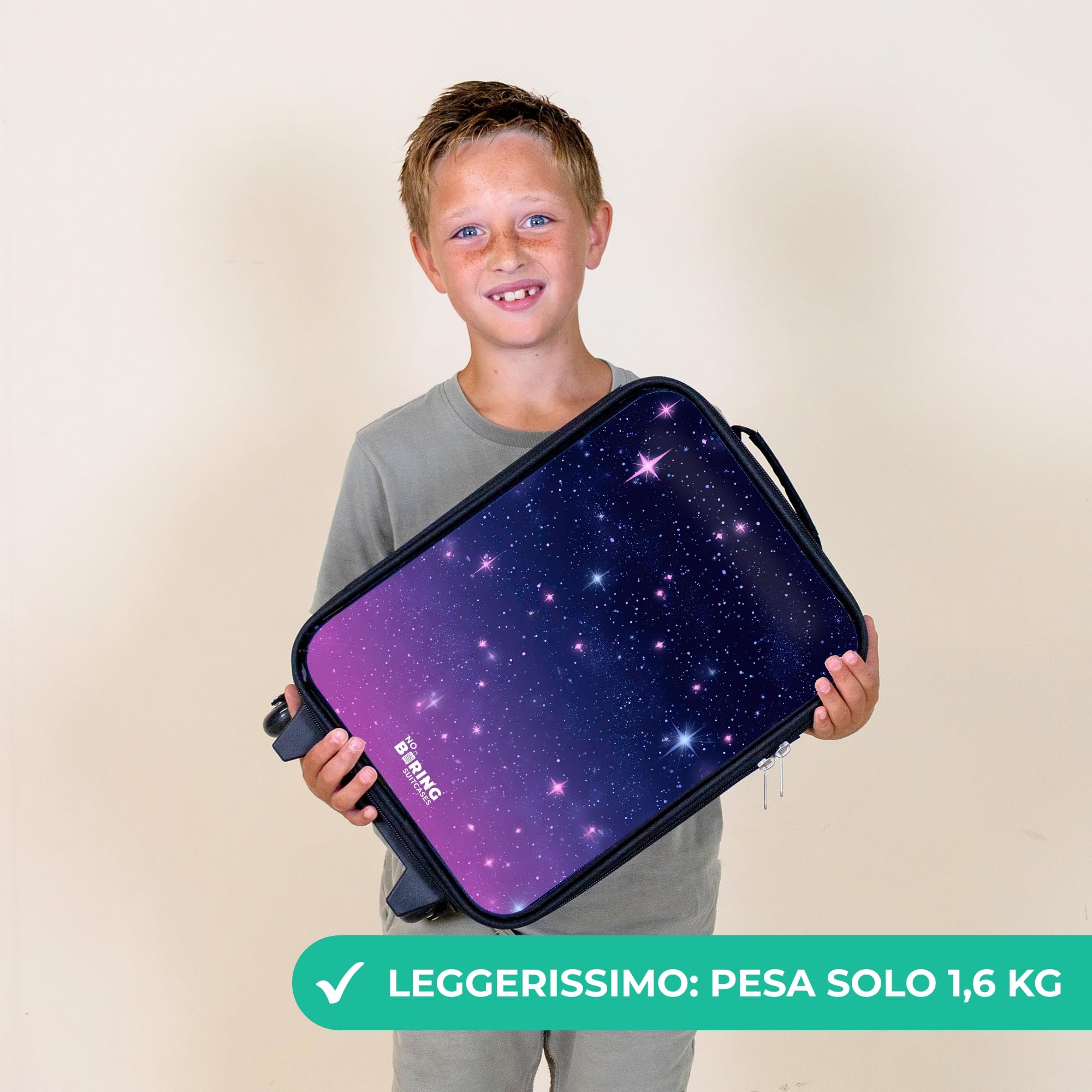 NoBoringSuitcases© Valigia Per Bambini Compatto Bagaglio Ultraleggero | 48x31x19 cm - Trolley A Mano Rigidi LED Ruote Valigie Neonato - Ragazze - Stelle - Galassia - Blu - Rosa