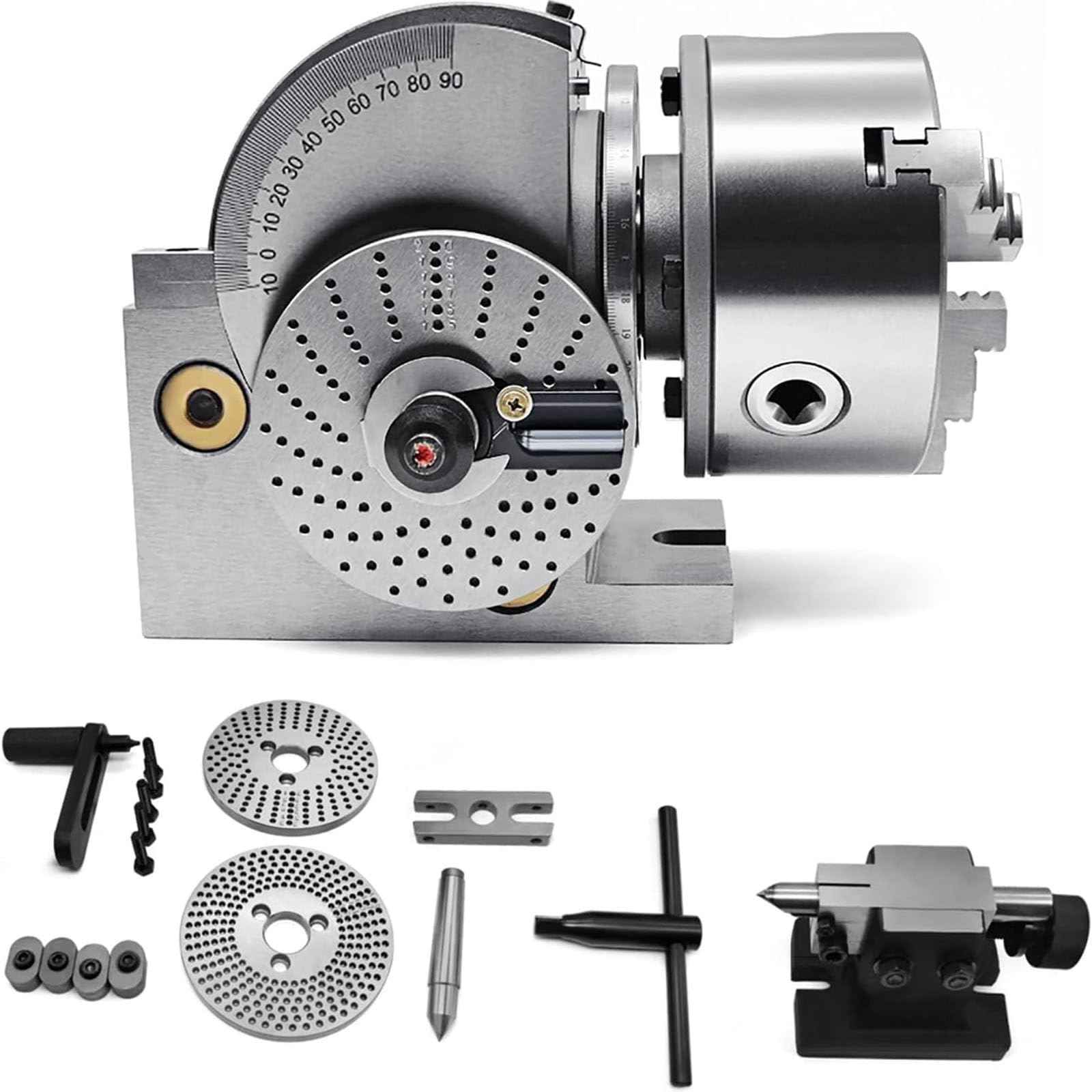 JozyJul 4in/5in/6in Dividing Head milling Set with 3-jaw Chuck and Tailstock, 1:40 Dividing Head, Includes 100mm, 125mm, 160mm, Chucks for milling, Grinding, Drilling Machines 4in/100mmchuck