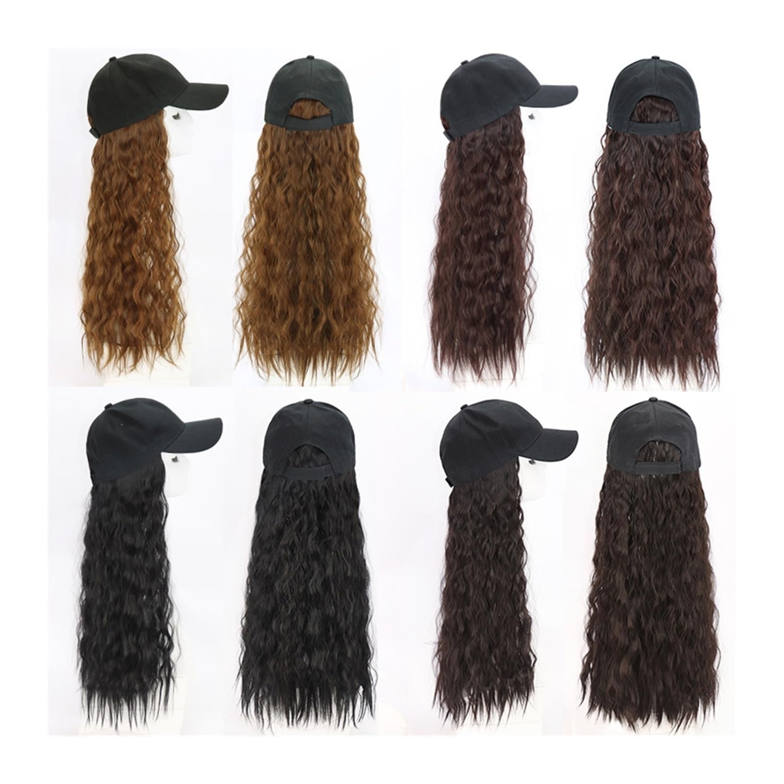 Gorra Calva Peluca larga y rizada con gorra de béisbol for mujer Pelo sintético Sombrero ajustable una pieza peluca pelo Gorro de Pelo(B)