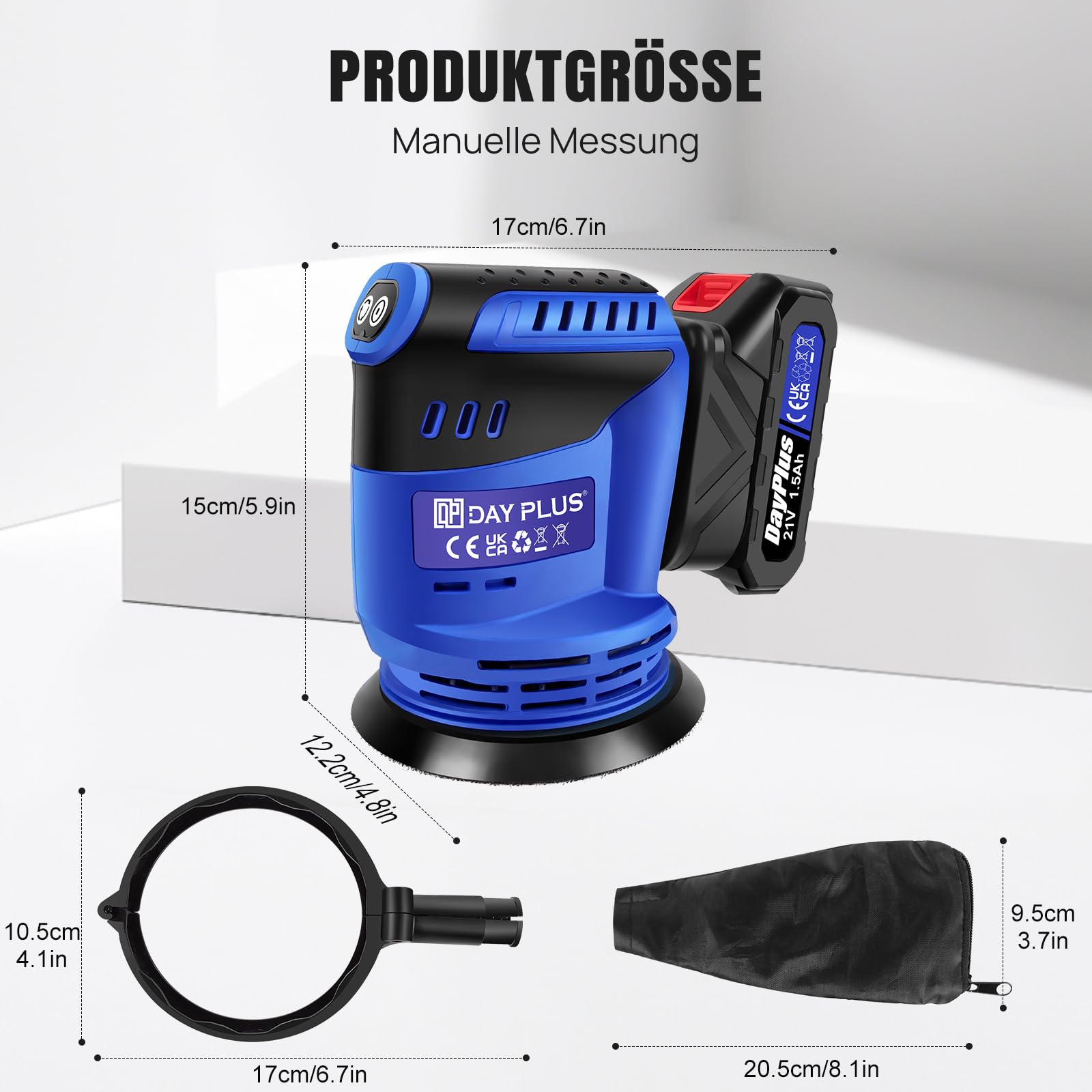 Levigatrice orbitale portatile a batteria da 21 V – velocità a 3 livelli con batteria da 1,5 A e caricatore rapido, disco da 125 mm, 12 pezzi di carta vetrata, sacchetto per la polvere, blu