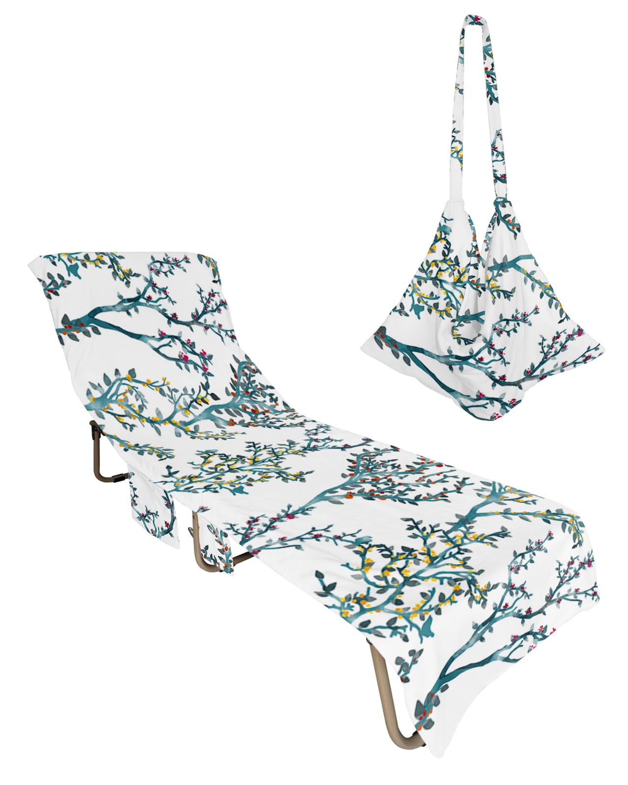 Teal Botanical Beach Lounge Chair Towel Cover, Soft Chaise Lounge Towel with Side Pockets Patio Pool Chairs Cover for Beach/Pool Sunbathing 29x85 Elegant Spring Floral Summer Branches
