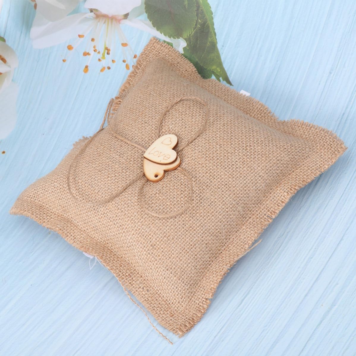 Luxshiny Wedding Ring Bearer Pillow Cushion 18cm Burlap Beige Hearts