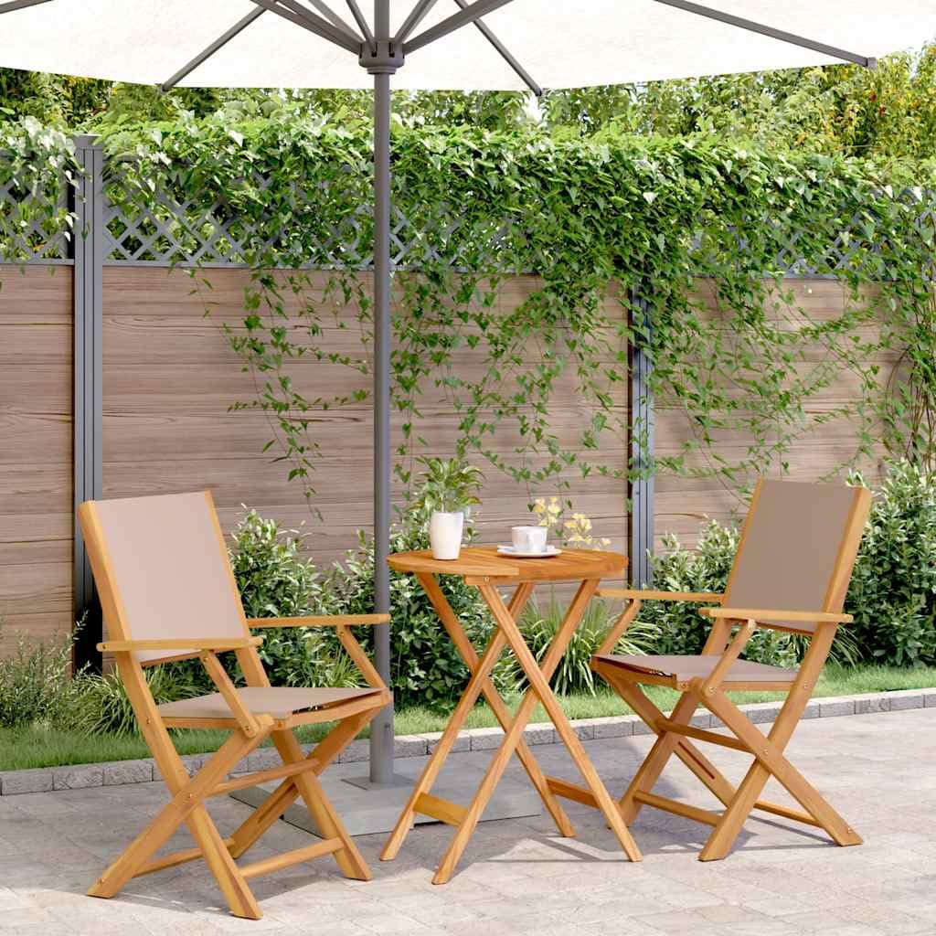 Set Bistro 3 Pezzi Tortora Acacia Massiccio Pieghevole | Robusto legno di acacia resistente alle intemperie, schienale in legno piatto, capacità 110 kg per seduta