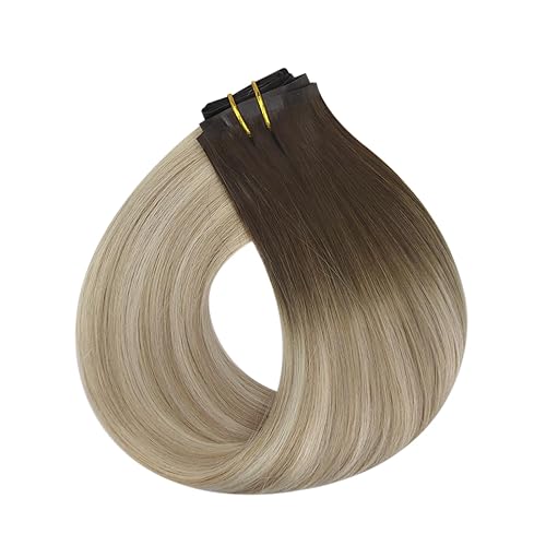 Miniatura 9 de Full Shine - Extensiones de cabello humano con clip, trama de poliuretano, rubio ombré, color castaño oscuro a reflejos rubios, sin costuras, para