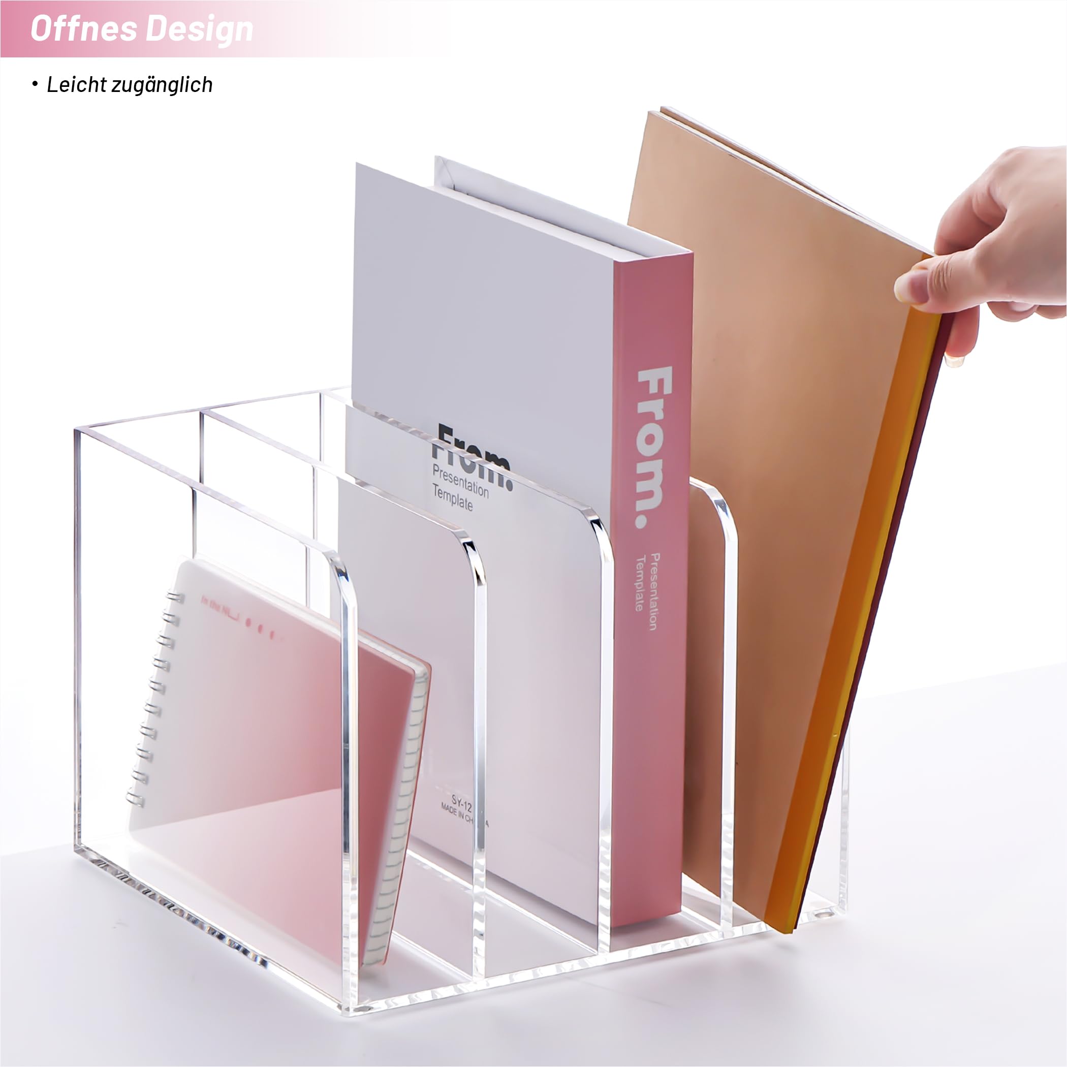 SANRUI Premium Zeitschriftenhalter Acryl (4 Fächer) - Glasklarer Zeitschriftensammler & Schreibtisch Buchstütze, Moderner Aktenordner Stehsammler für Büro, Home Office & Deko, 16x21x18.5 cm