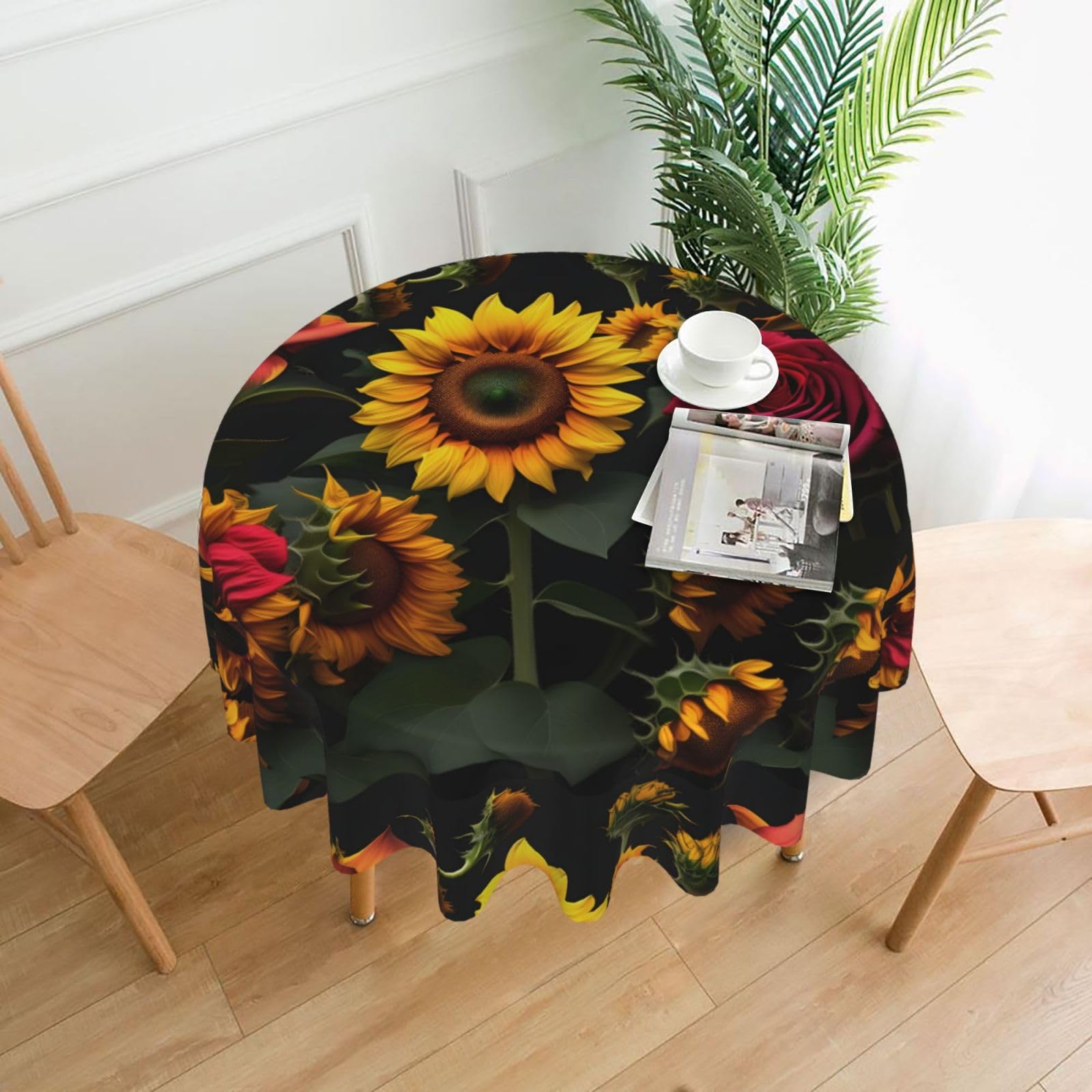 Nbtghga Sunflower Rose Print Tablecloth Round Border Table Cloth Cover Decorative For Party Holiday Dinning Tabletop Home