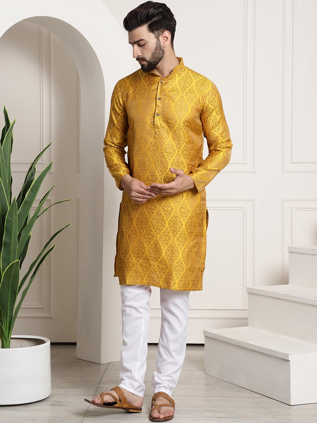 Sojanya (Since 1958 Men's Silk Blend Mustard Self Design Kurta And White Churidar Pyjama Set