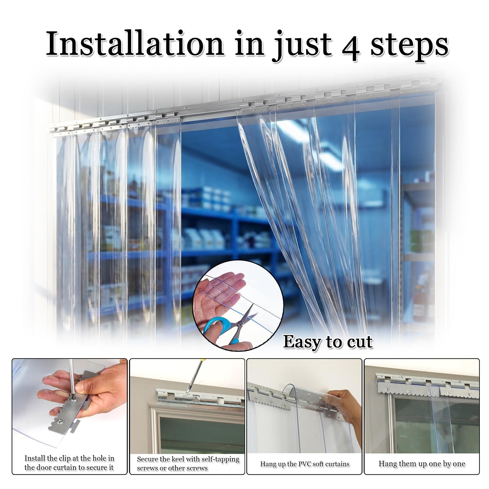 Tenda a strisce in PVC trasparente resistente,kit completo for porta in plastica trasparente,striscia in vinile flessibile, magazzino congelatore(W195xH220cm/W76.77xH86.61in)