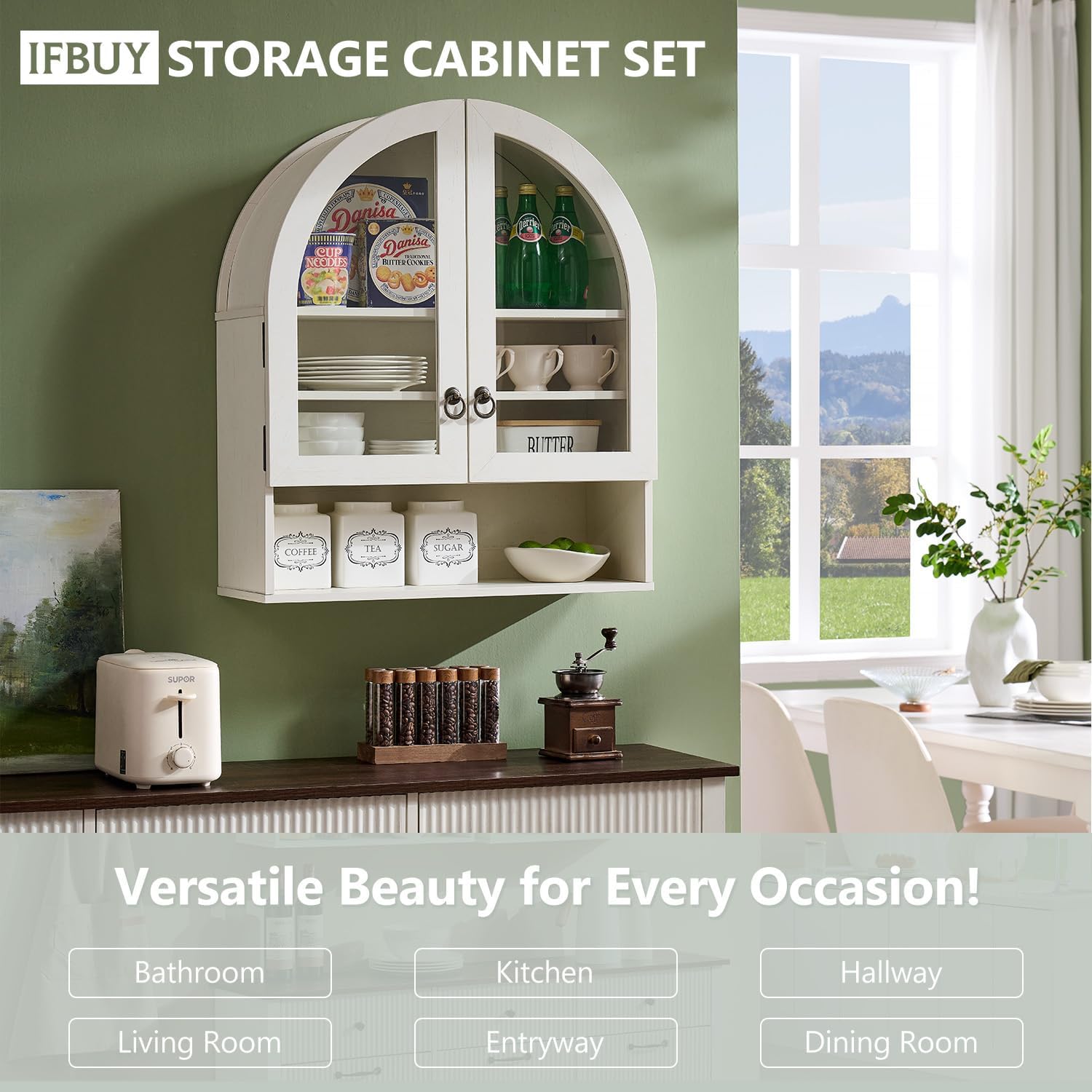 IFBUY Arched Wall Cabinet, Wood Bathroom Storage Cabinet Over Toilet with Adjustable Shelves & Acrylic Glass Doors, Modern Farmhouse Medicine Cabinet for Kitchen, Laundry Room, Antique White