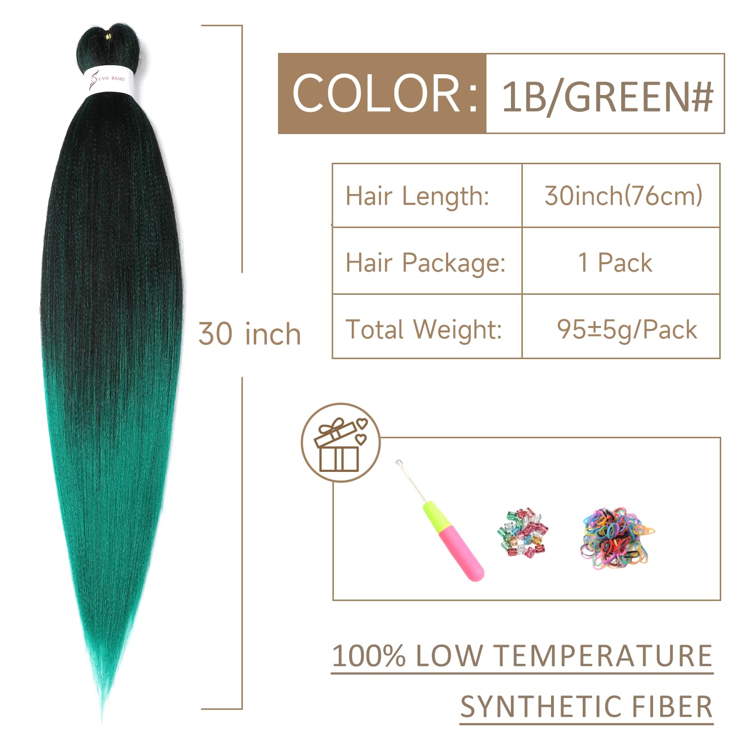 Pre-Stretched Braiding Hair ShowJarlly Soft Free Synthetic Fiber Corchet Braids Natural Black 1Pack/Lot Knotless Braiding Extensions Hot Water Setting Braiding Hair(30inch,1B/Green#) - Image 2